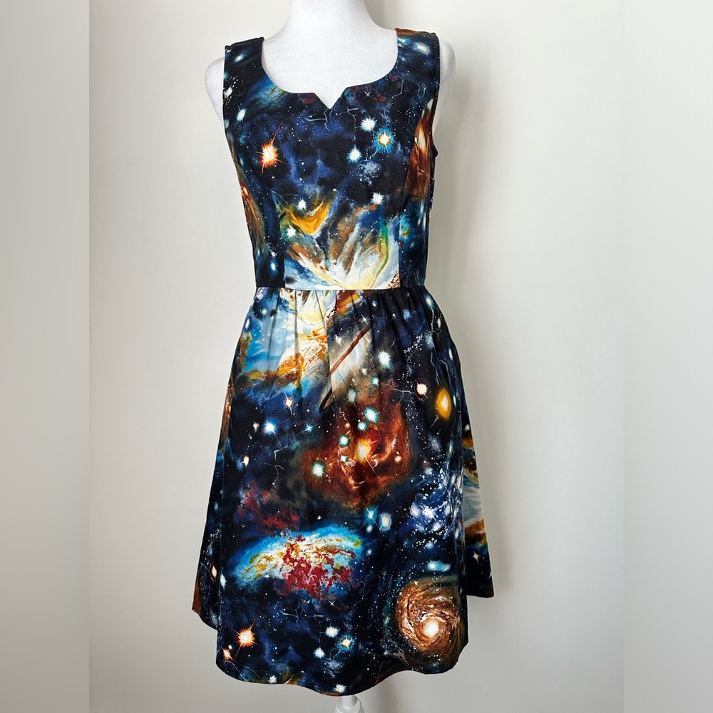 ModCloth Space Galaxy Stars Print Sleeveless Cotton A-line Dress w/Pockets